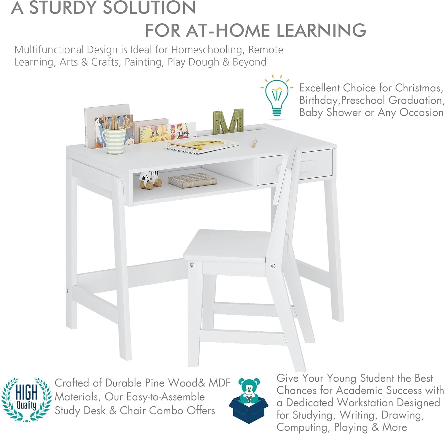 Kids Desk and Chair Set With Storage Drawers for Study